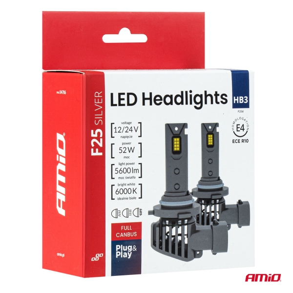 Amio HB3 LED Headlight Full Canbus F25 Silver Series HB3 LED 6000K Duobox